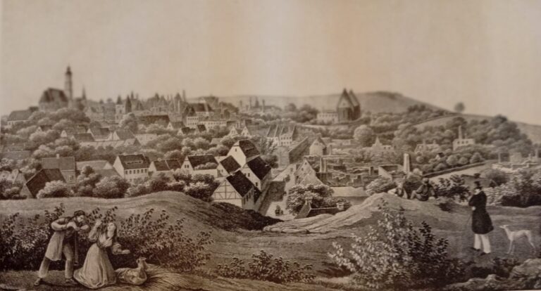 Kamenz nach dem Stadtbrand von 1842 vom Eulenfelsen aus gesehen